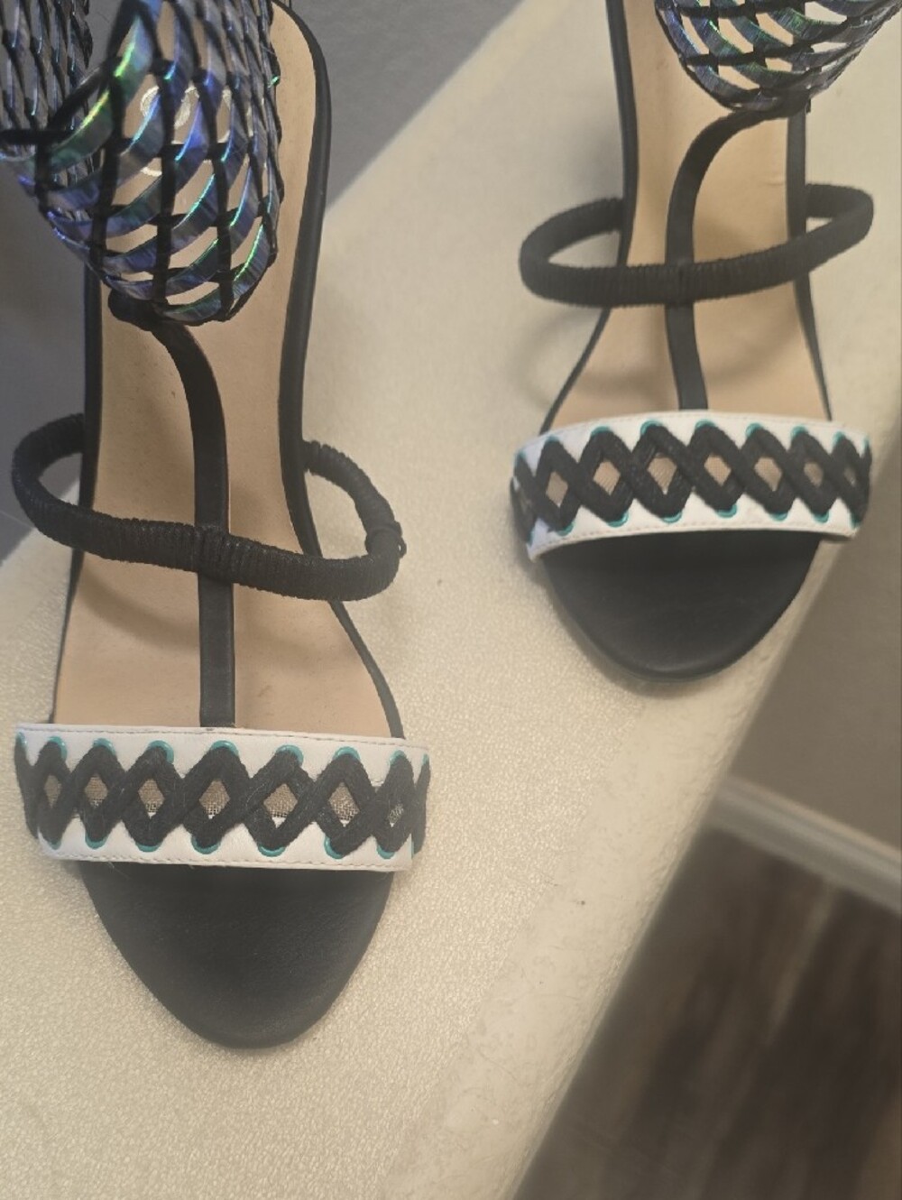 GX by Gwen Stefani Black and White High Heel Sandals with Iridescent Ankle Cuff - Picture 4 of 8